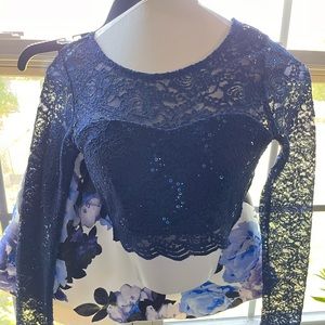 Two piece homecoming dress by speechless. Floral Print and sequence lace top